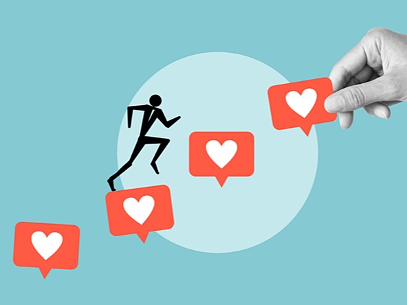graphic of person climbing a ladder of social media hearts 
